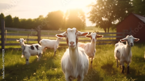  white goats graze in a farm meadow. Generative AI 