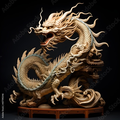 Traditional-style Japanese Dragon Carved from wood, the photo depicts traditional Japanese wood statue carving.