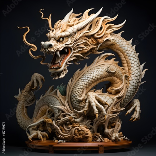 Traditional-style Japanese Dragon Carved from wood, the photo depicts traditional Japanese wood statue carving.