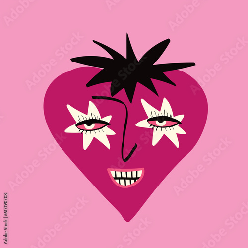 Funny quirky charming strawberry with a cute face and glasses. Illustration in a modern drawn childish style