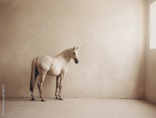 Beautiful white horse in a room.
