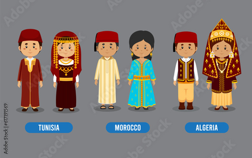 Set of Asian People Wearing Traditional Outfit