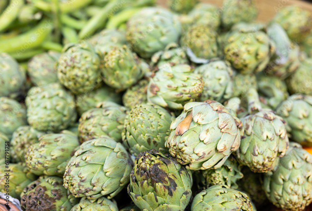 Fototapeta premium Heap of raw ripe green artichokes offered for sale at farmers market stall. Healthy ecological nutrition concept