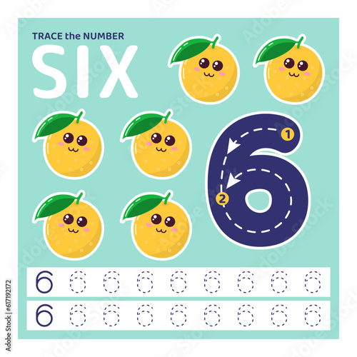 Trace number six. Learning to count and write.