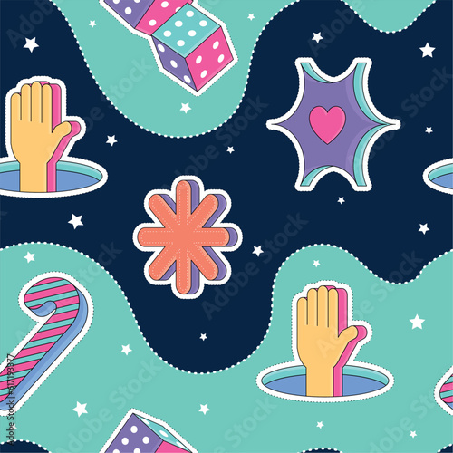 Seamless pattern background 3d groovy sticker icons wallpaper Vector illustration