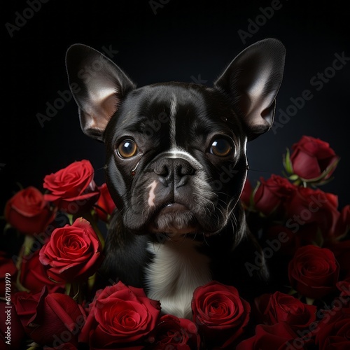 An adorable Boston Terrier with flowers. Generative AI.  © Elle Arden 