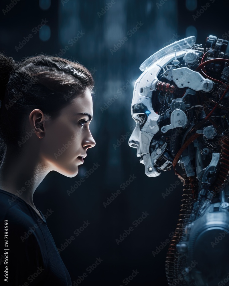 AI vs. Human: A Captivating Stare Down in Dramatic Light. Robot and Human Locked in a Stare Down Contest. AI vs. Human: A Captivating Stare Down in Dramatic Light. Robot and Human Locked in a Stare Down Contest.