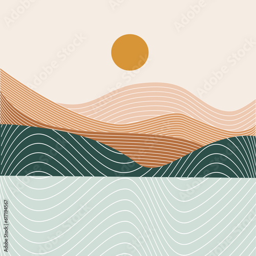sunset backgrounds landscapes with Sun, sea, and mountains. vector illustrations