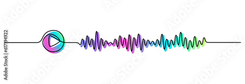 One continuous line drawing of music player soundbar with play button. Record audio podcast and sound wave voice message in simple linear style. Editable stroke. Doodle outline vector illustration