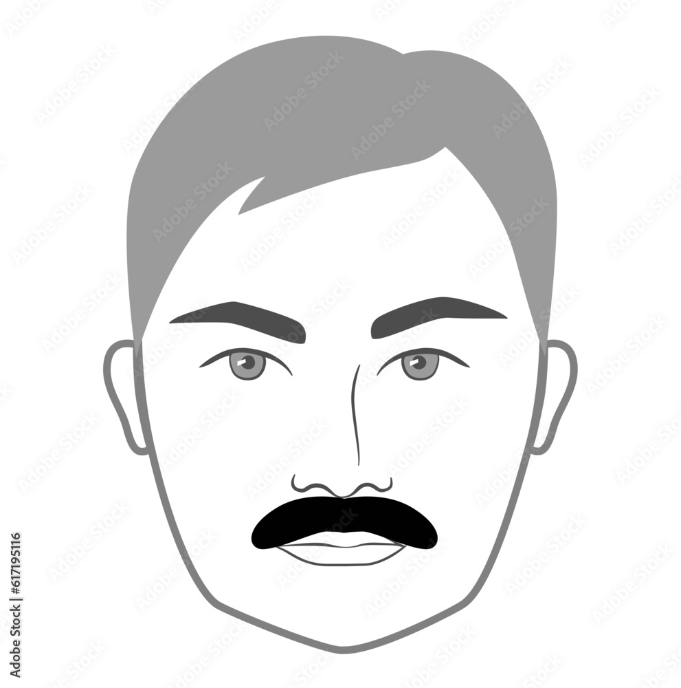 Pornstache mustache Beard style men face illustration Facial hair. Vector grey black portrait male Fashion template flat barber collection set. Stylish hairstyle isolated outline on white background.
