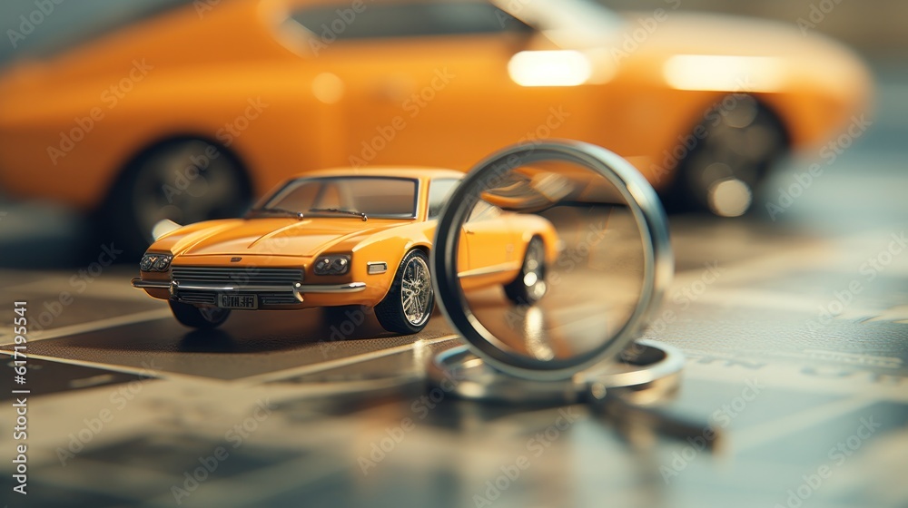 Car to buy with magnifying glass. Leasing concept