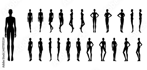 Silhouette of Women set body standing and walking in different poses fashion Illustration. Flat female character collection front, back view girl. Human slim lady infographic template