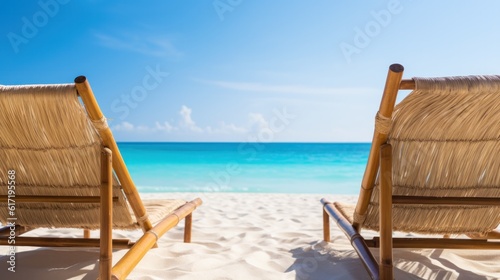 lounge chairs on the beach with white sand