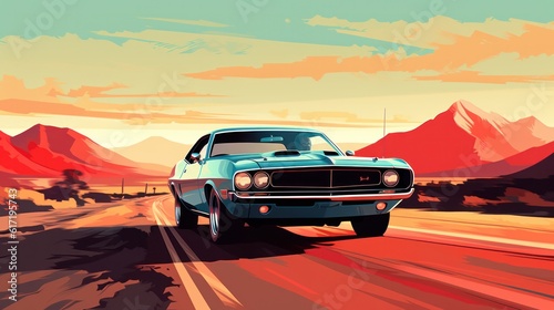 Muscle car retro design driving on the road with a beautiful landscape
