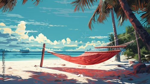 Tropical beach with hammock near the ocean and palm trees