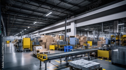 Conveyor belt in a modern warehouse factory. Generative AI