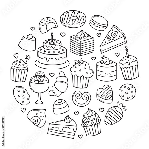 Desserts and sweets doodle set. Candies, chocolate, cakes, donut, ice cream in sketch style. Hand drawn vector illustration isolated on white background