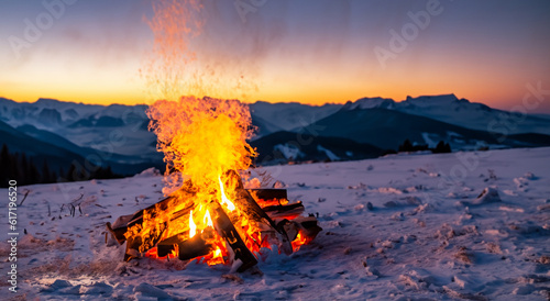 campfire in the middle of snow in winter with a beautiful sunset IN HIGH RESOLUTION