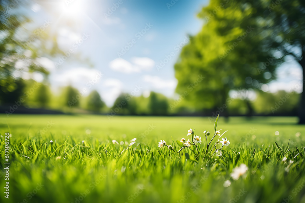 Blurred background image of spring nature with a neatly trimmed lawn surrounded by trees against a blue sky with clouds on a bright sunny day. Blurred background image of spring nature with a neatly trimmed lawn surrounded by trees against a blue sky with clouds on a bright sunny day.