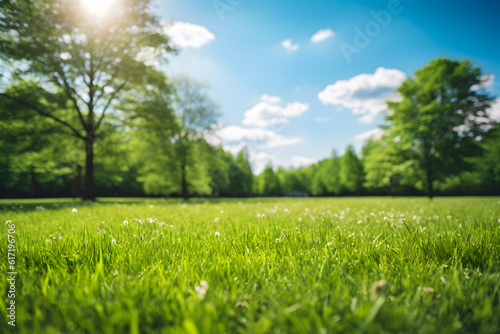 Blurred background image of spring nature with a neatly trimmed lawn surrounded by trees against a blue sky with clouds on a bright sunny day.