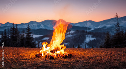 beautiful wood campfire on a beautiful mountain