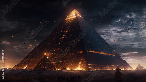 Canvas Print a giant pyramid floating with fire runes, several ships, alien invasion, dark sky