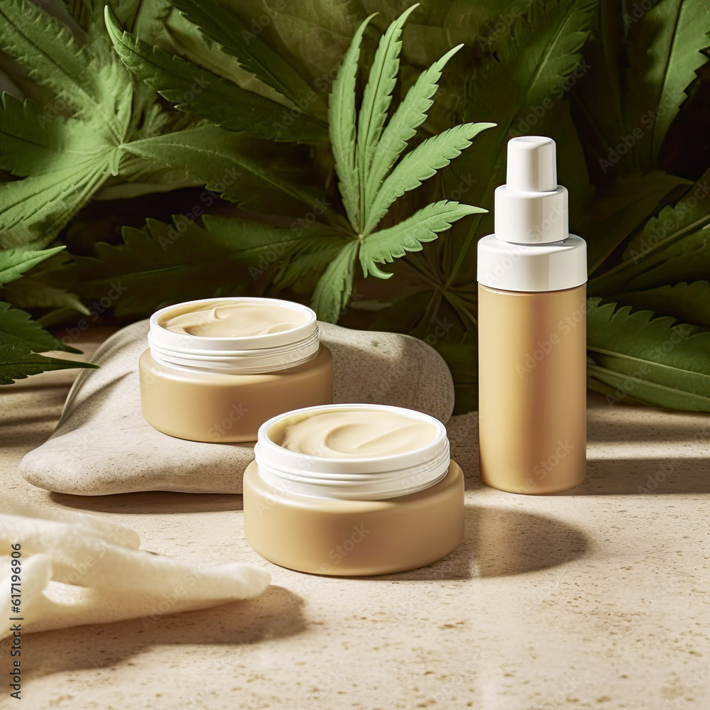 Beige color jars and bottle with cbd creams, surrounded by marijuana leaves