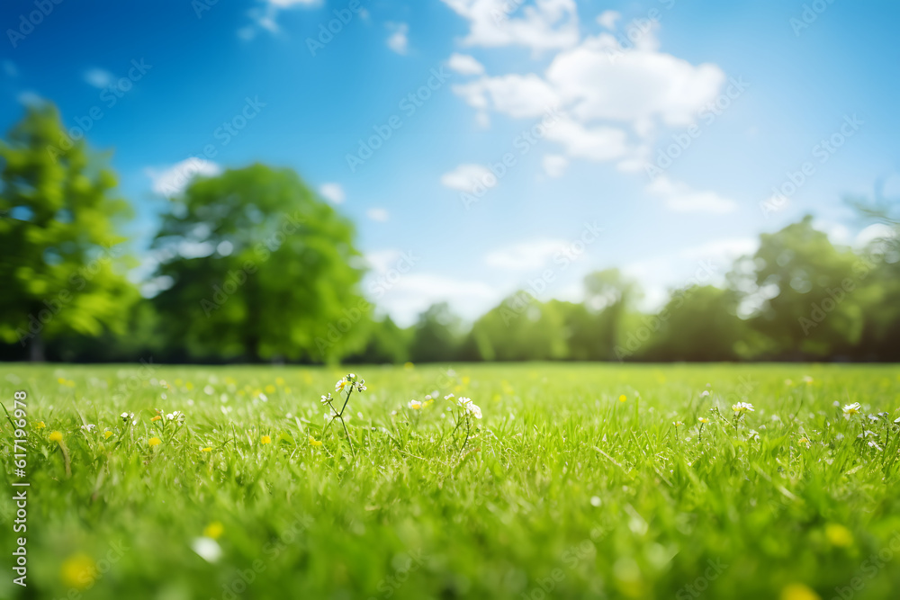 Blurred background image of spring nature with a neatly trimmed lawn surrounded by trees against a blue sky with clouds on a bright sunny day. Blurred background image of spring nature with a neatly trimmed lawn surrounded by trees against a blue sky with clouds on a bright sunny day.