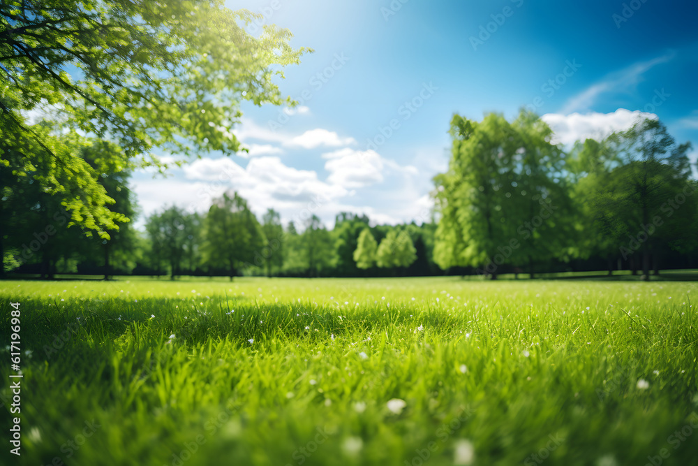 Blurred background image of spring nature with a neatly trimmed lawn surrounded by trees against a blue sky with clouds on a bright sunny day.