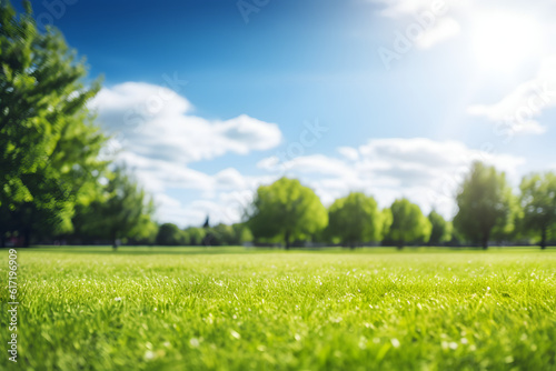 Blurred background image of spring nature with a neatly trimmed lawn surrounded by trees against a blue sky with clouds on a bright sunny day.