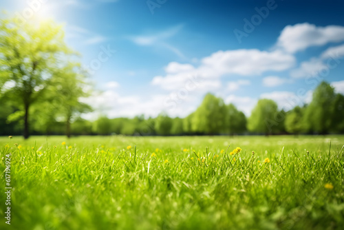 Blurred background image of spring nature with a neatly trimmed lawn surrounded by trees against a blue sky with clouds on a bright sunny day.