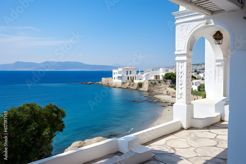 Landscape in Greece. View of the sea in the background with typical Greek architecture in the foreground. Steps down to the sea. Beautiful light. Very detailed. Discreet vegetation.