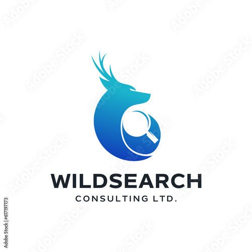 Unique logo combination of deer and magnifying glass. It is suitable for research or consulting companies.