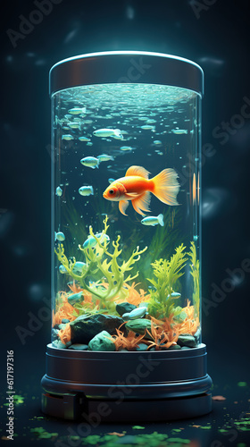 A beautiful exotic goldfish inside a cylindrical aquarium. AI generated image.Cute.