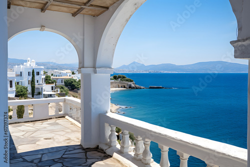 Landscape in Greece. View of the sea in the background with typical Greek architecture in the foreground. Steps down to the sea. Beautiful light. Very detailed. Discreet vegetation. © alexandr