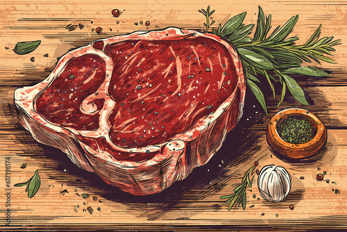 Hand drawn vector illustration, vector art painting grilled beef steaks with spices and fresh tomatoes. Watercolor hand drawn illustration, isolated on wood 