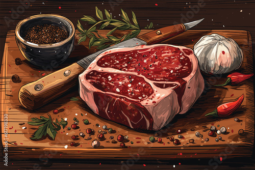 Hand drawn vector illustration, vector art painting grilled beef steaks with spices and fresh tomatoes. Watercolor hand drawn illustration, isolated on wood 