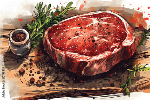 Hand drawn vector illustration, vector art painting grilled beef steaks with spices and fresh tomatoes. Watercolor hand drawn illustration, isolated on wood 