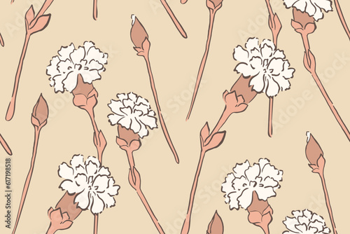 Seamless floral pattern, delicate pattern with line drawing carnation flowers in pastel colors. Romantic botanical design, ornament with hand drawn flowers on a light background. Vector illustration.