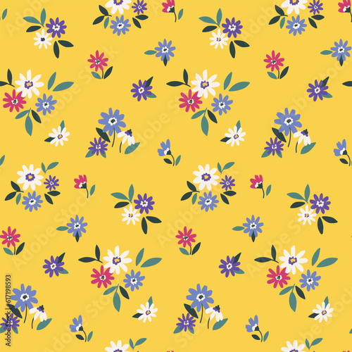 Seamless floral pattern, liberty ditsy print with tiny cute daisy. Pretty botanical design of small hand drawn plants: flowers, leaves, colorful summer meadow on yellow background. Vector illustration