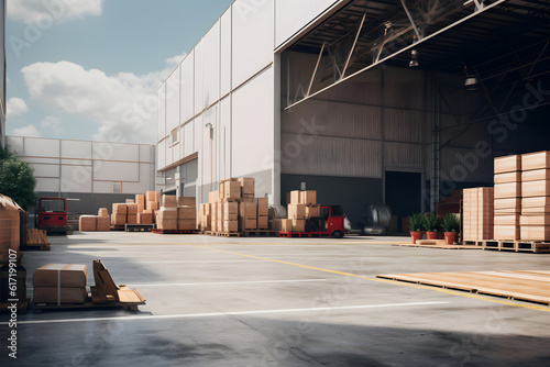 Large warehouse entrance  area with goods and equipment in sunlight
