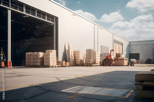 Spacious warehouse yard with crates forklift and open storage gate photo