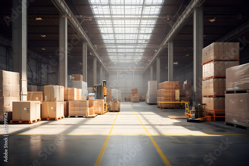 clean warehouse indoor with sunlight coming from roof window