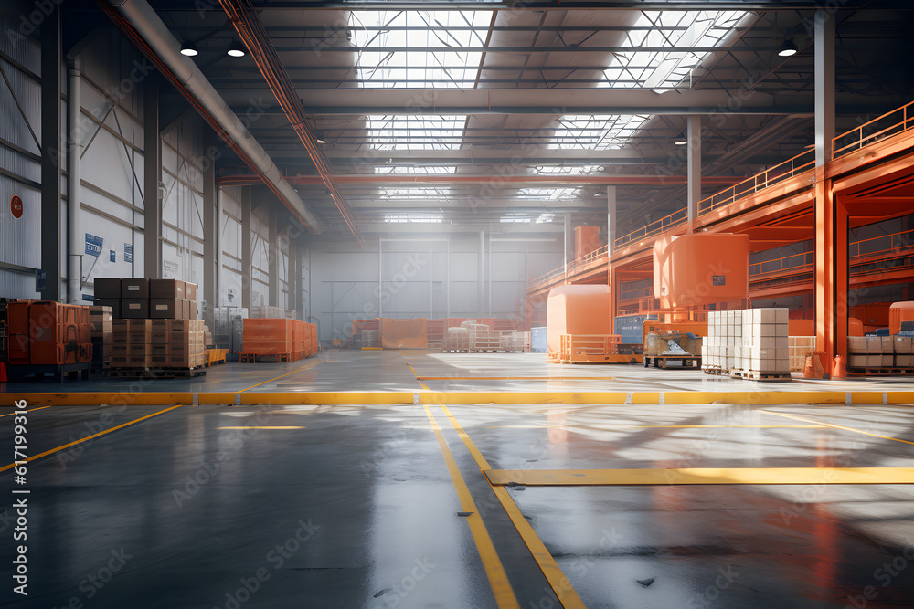 Large warehouse with orange racks sunlight through the ceiling