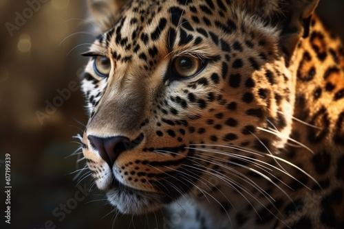 Magnificent leopard with impressive spots and whiskers on its face. Nature and biodiversity concept. Close-up photography generated by AI.