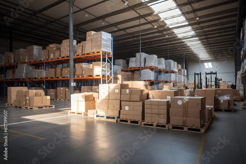 Spacious warehouse with sunlight highlighting boxes and storage racks