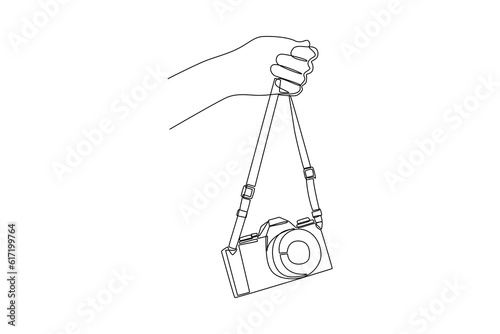 Single one line drawing  Photographer with camera. World photography day concept. Continuous line draw design graphic vector illustration. © Rita