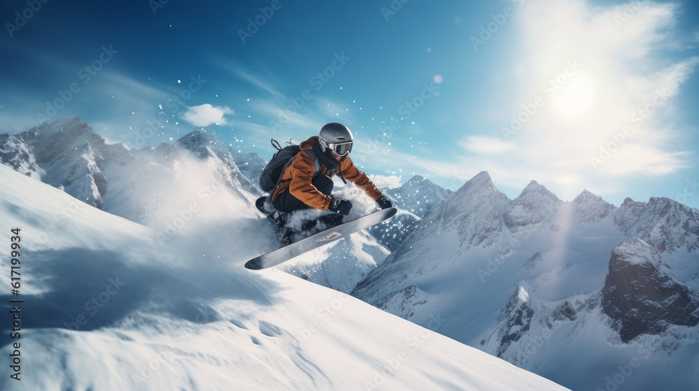 snowboarder jumping in the snow mountains on the slope with his snowboard and professional equipment on a sunny day. Generative AI