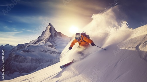 skier jumping in the snow mountains on the slope with his ski and professional equipment on a sunny day. Generative AI