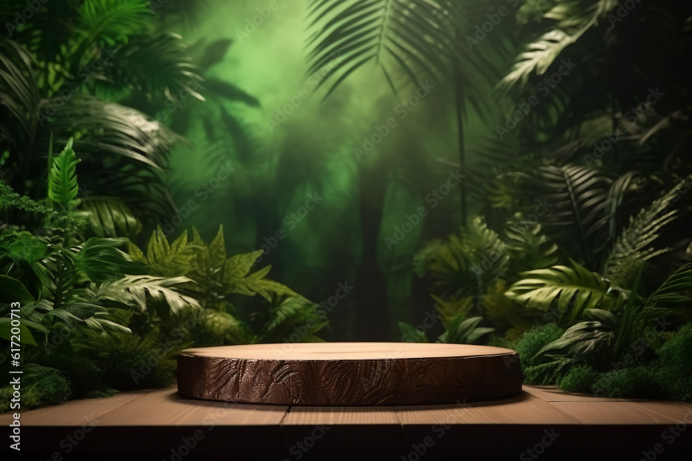 Wooden podium in tropical forest for product presentation and green background Wooden podium in tropical forest for product presentation and green background
